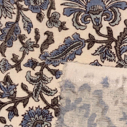 Close-up of floral patterned fabric with blue and brown colors.