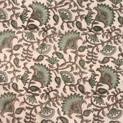 Patterned fabric with green and brown floral design on a beige background