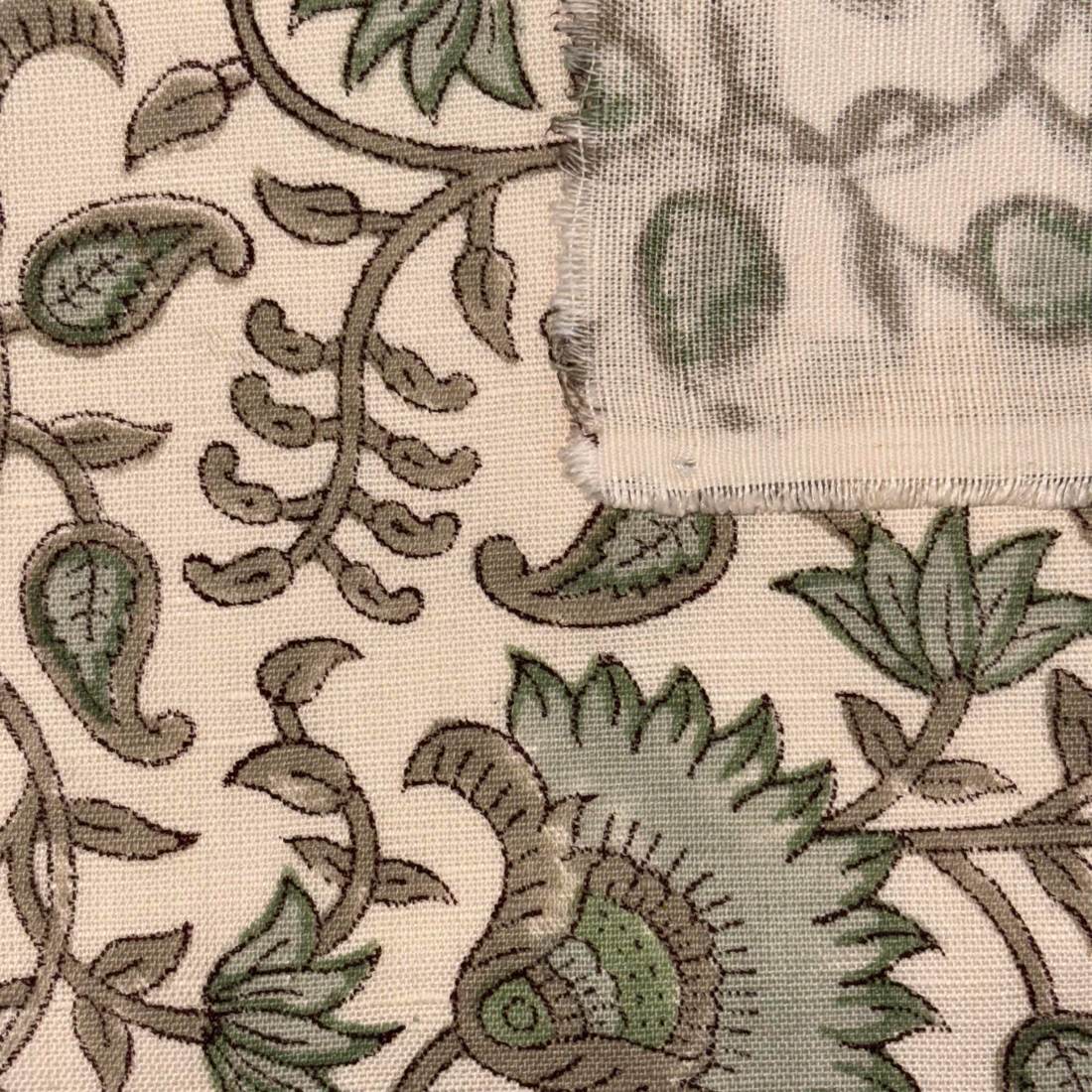 Close-up of floral embroidery on fabric with a visible seam.