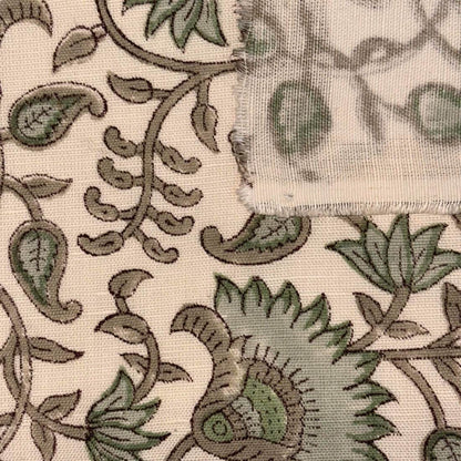 Close-up of floral embroidery on fabric with a visible seam.