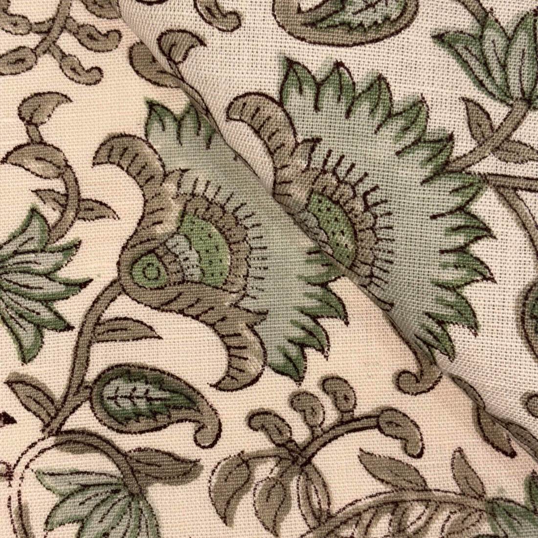 Close-up of a floral patterned fabric with green and brown colors.