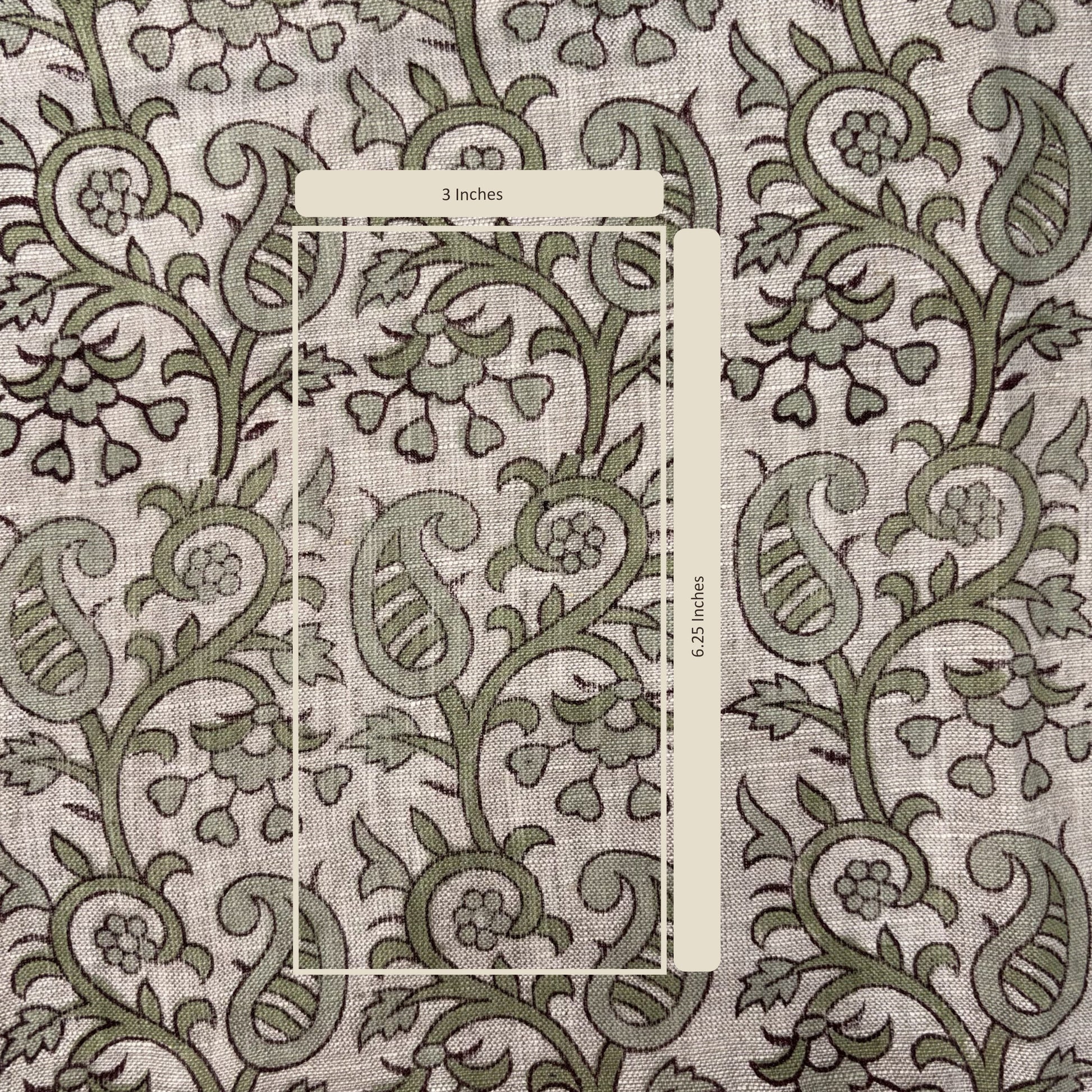 Patterned fabric with a measurement overlay on a white background