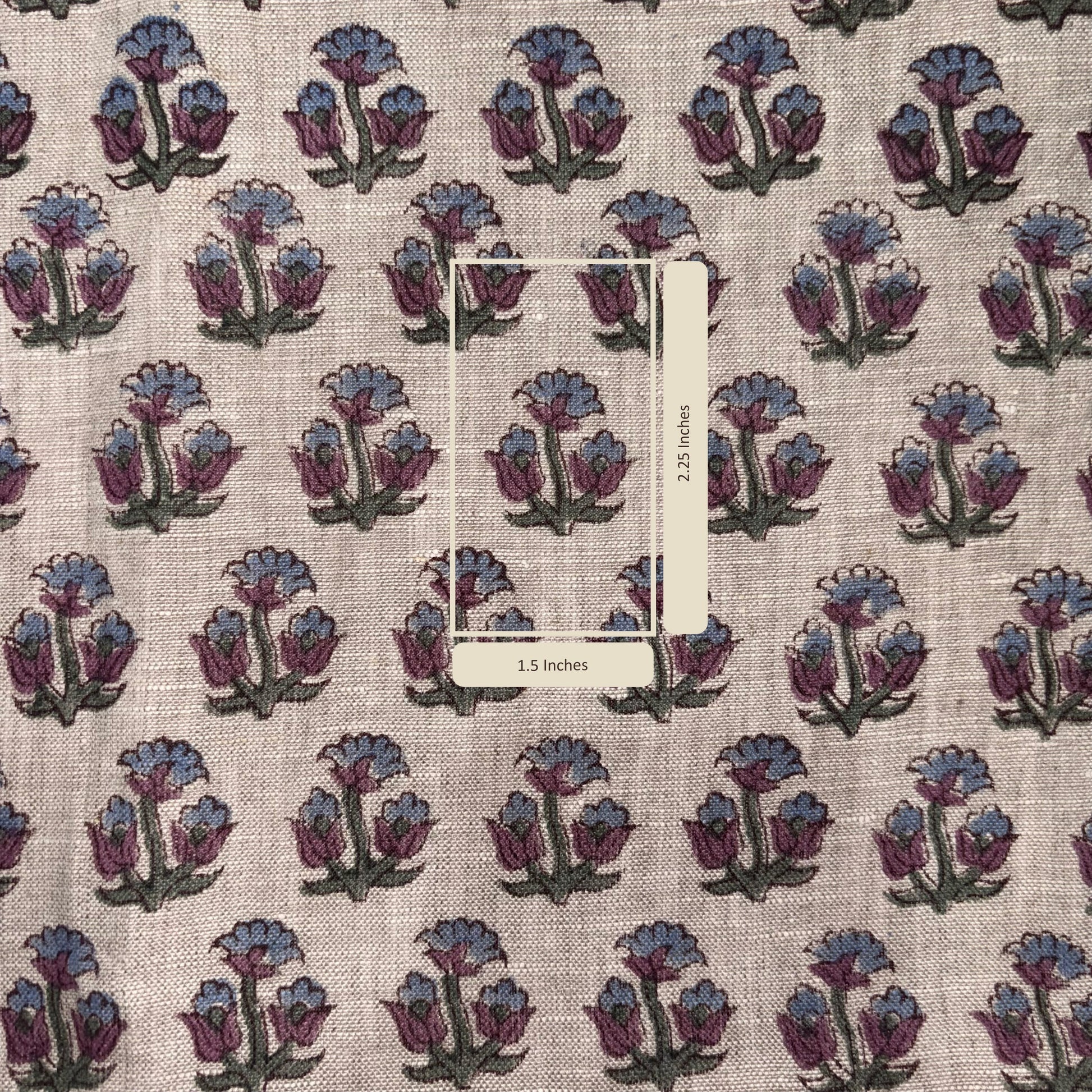 Fabric with floral pattern and measurement label on a beige background