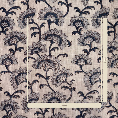 Floral patterned fabric with a measurement label on a grey background
