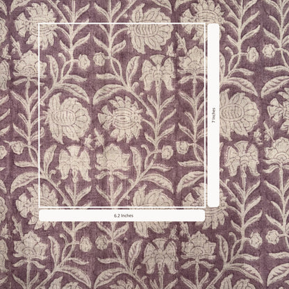 Floral patterned fabric with measurement labels on a purple background