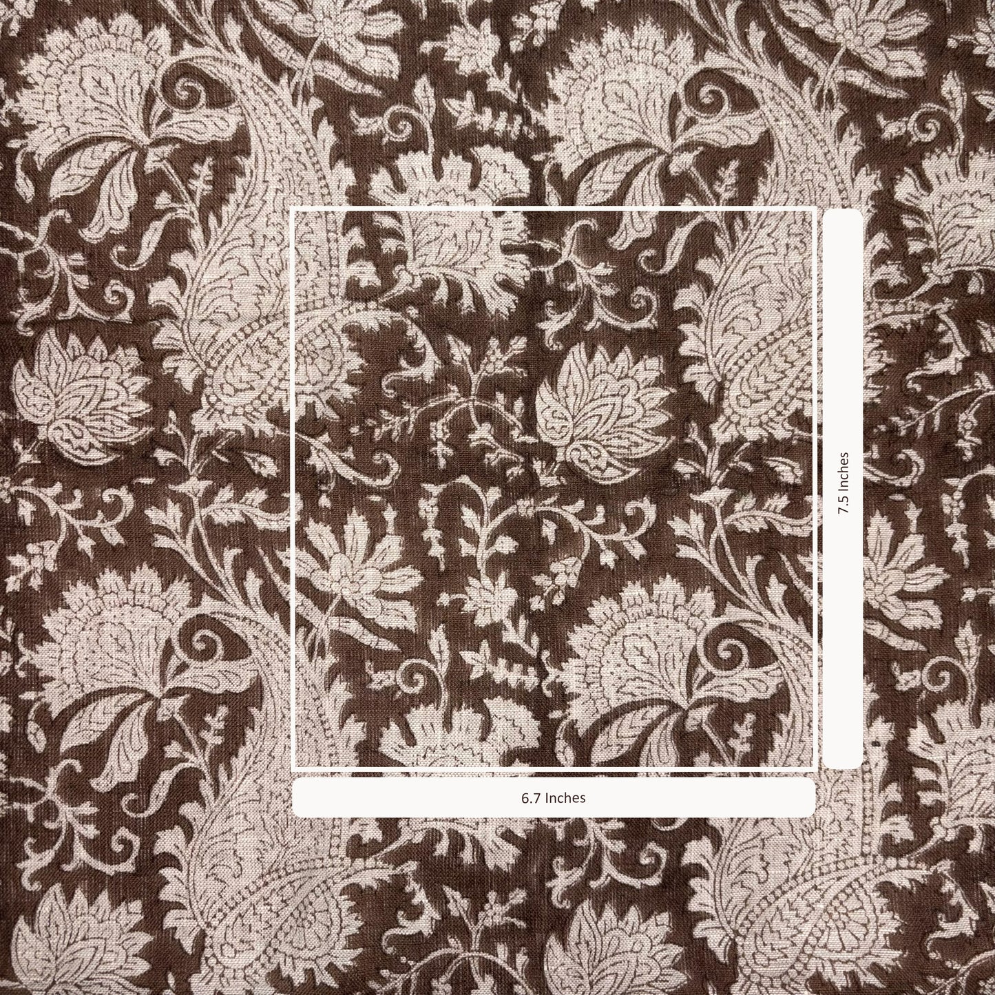 Floral paisley pattern on a brown background with measurements indicated.