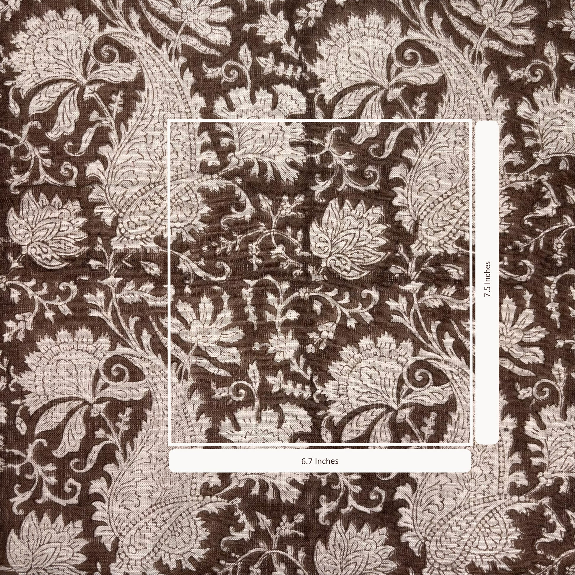 Floral paisley pattern on a brown background with measurements indicated.