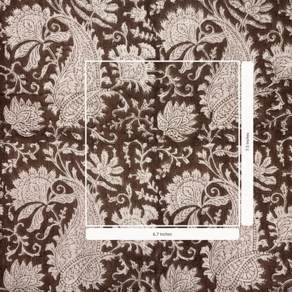 Floral paisley pattern on a brown background with measurements indicated.