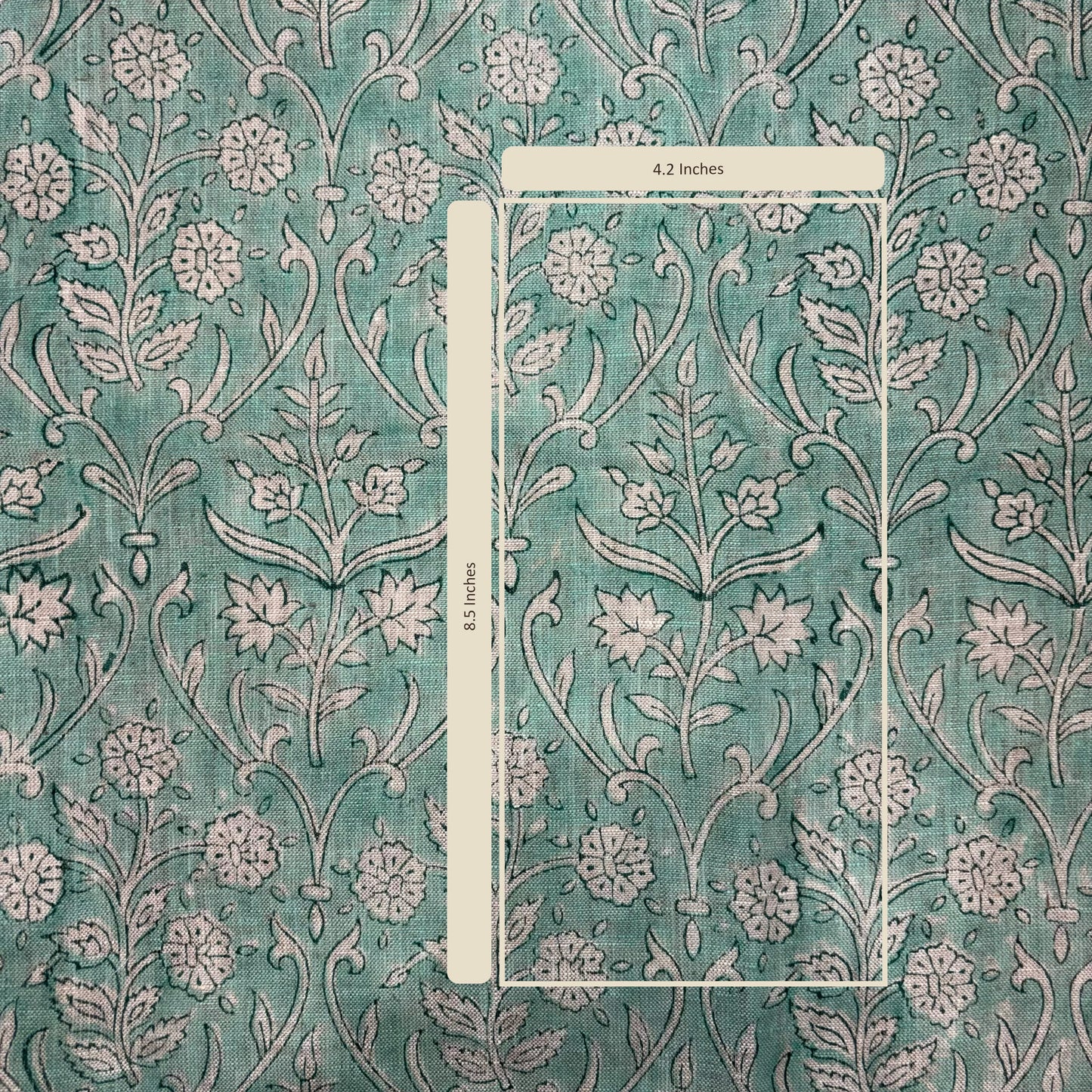 Floral patterned fabric with a ruler for scale on a teal background