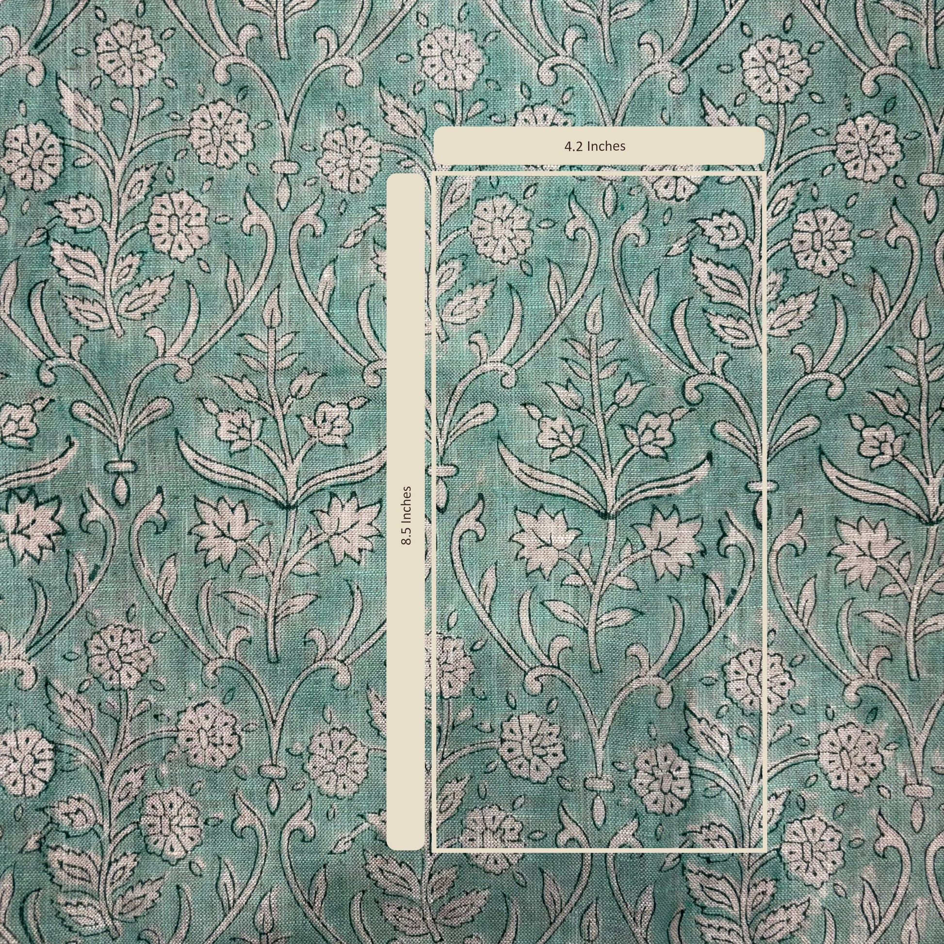 Floral patterned fabric with a ruler for scale on a teal background