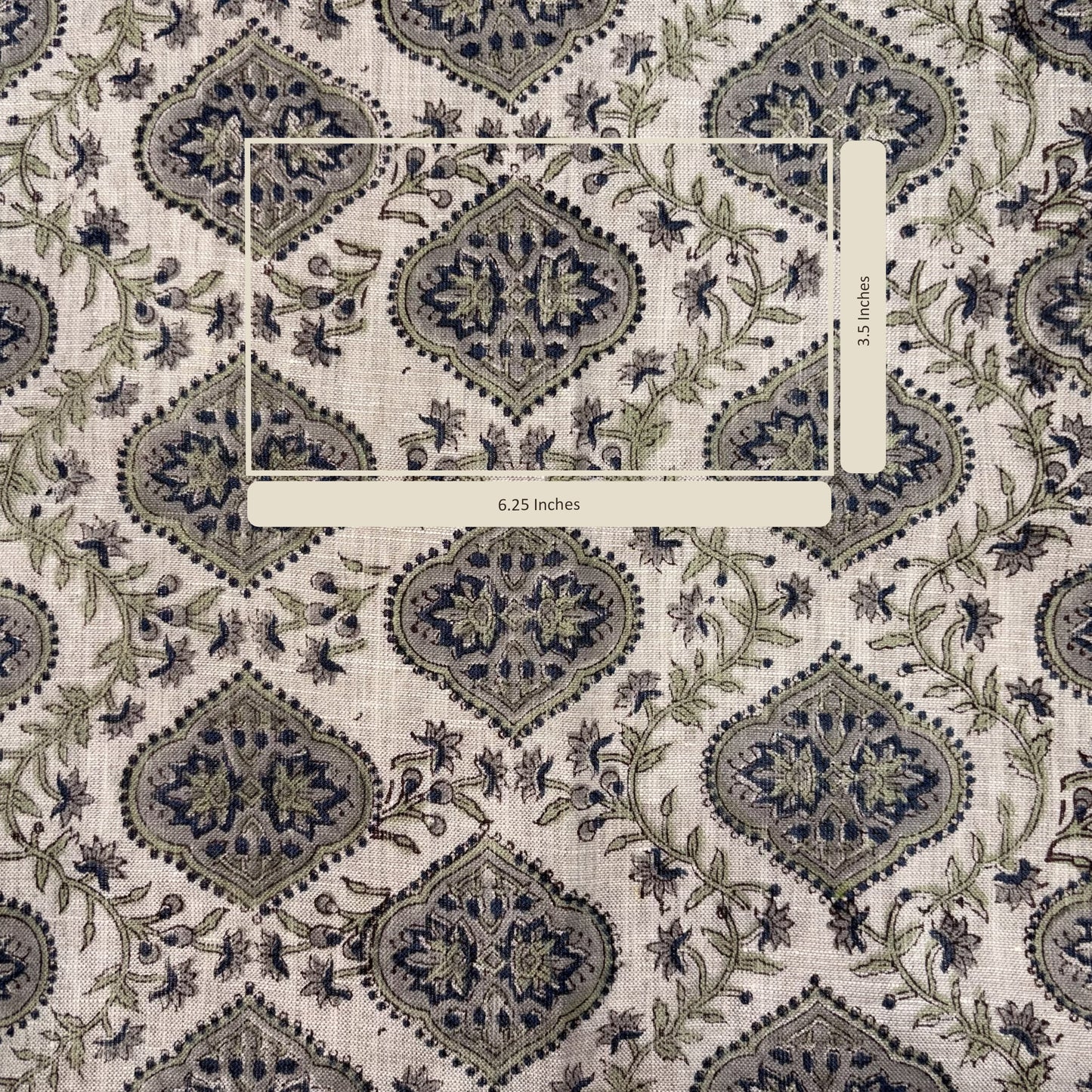 Patterned fabric with decorative design and measurement label