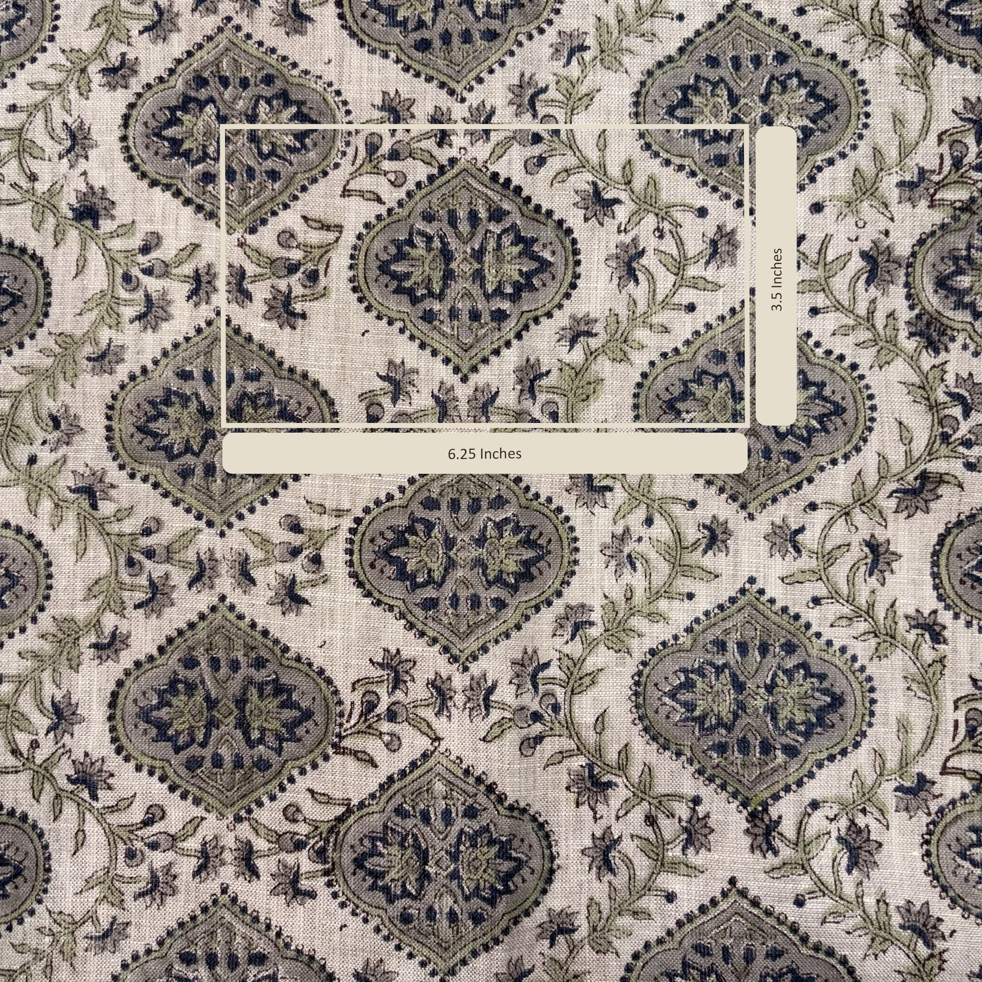 Patterned fabric with decorative design and measurement label