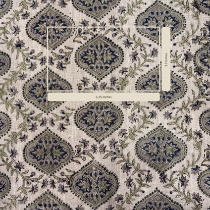 Patterned fabric with decorative design and measurement label