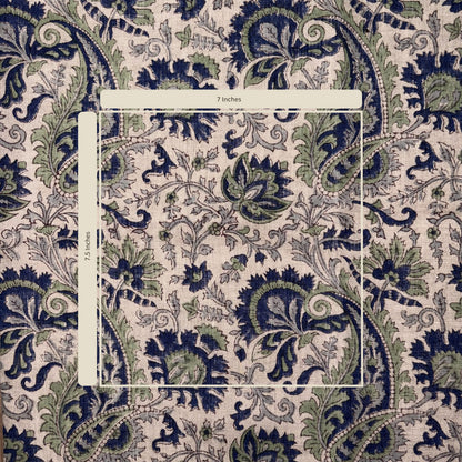 Close-up of a floral patterned fabric with a measurement label.