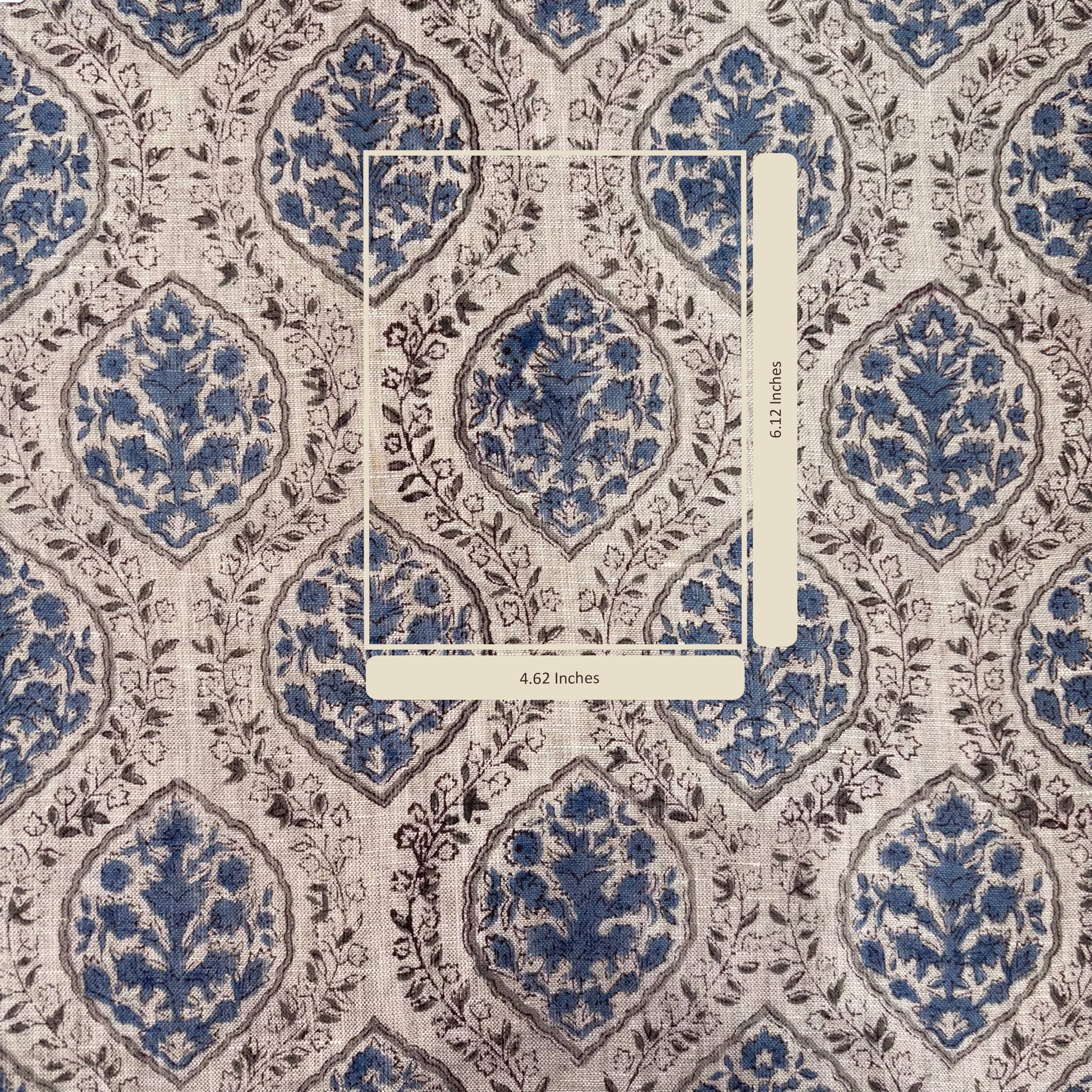 Patterned fabric with blue and grey design, featuring a ruler for scale.