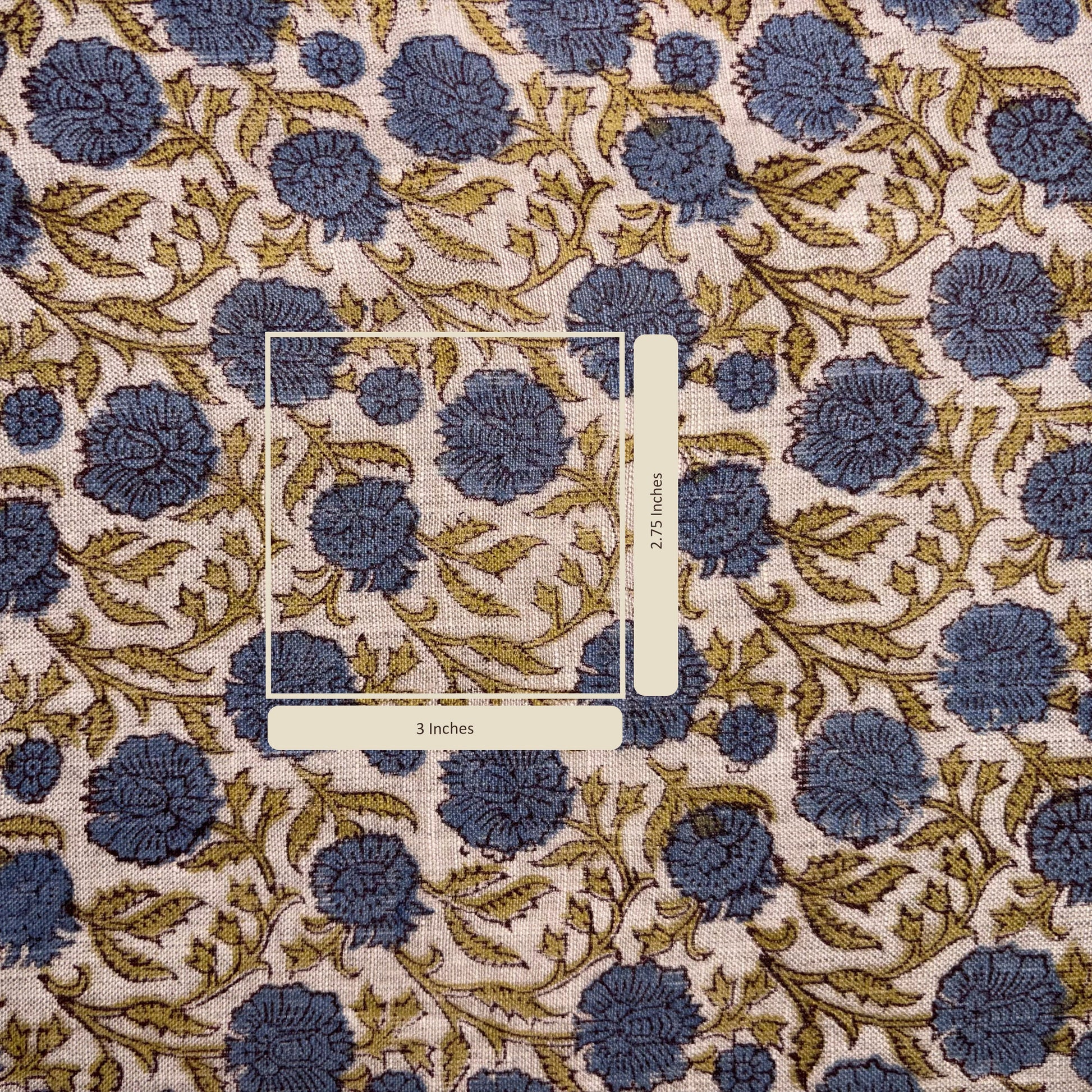 Floral patterned fabric with blue flowers and yellow leaves on a beige background
