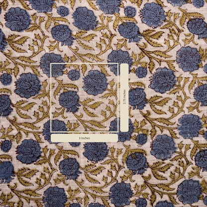Floral patterned fabric with blue flowers and yellow leaves on a beige background