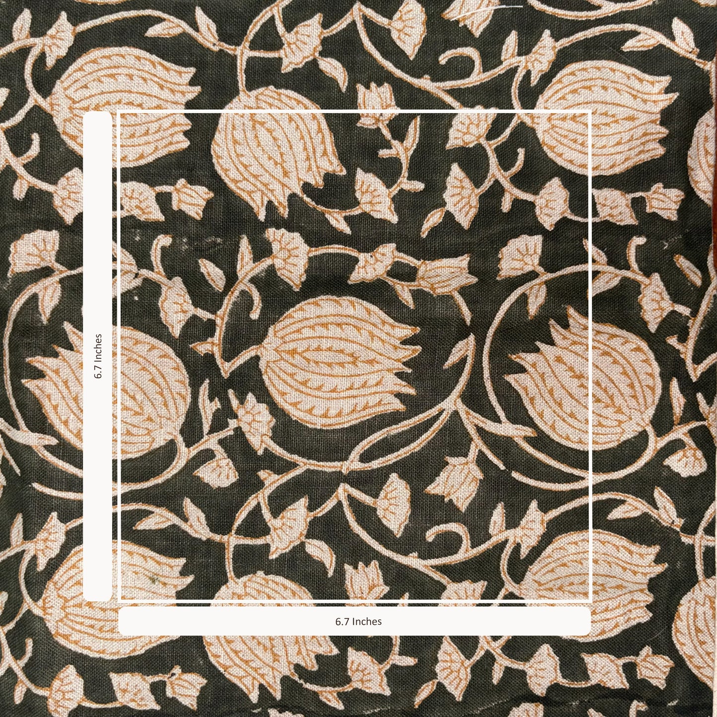 Floral patterned fabric with measurements on a black background