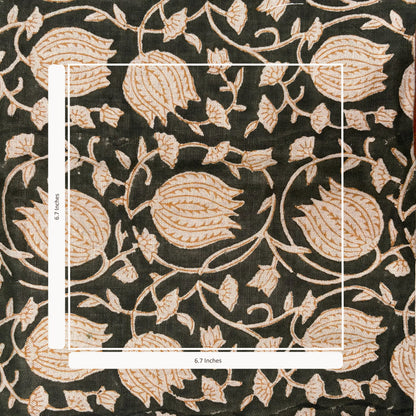 Floral patterned fabric with measurements on a black background