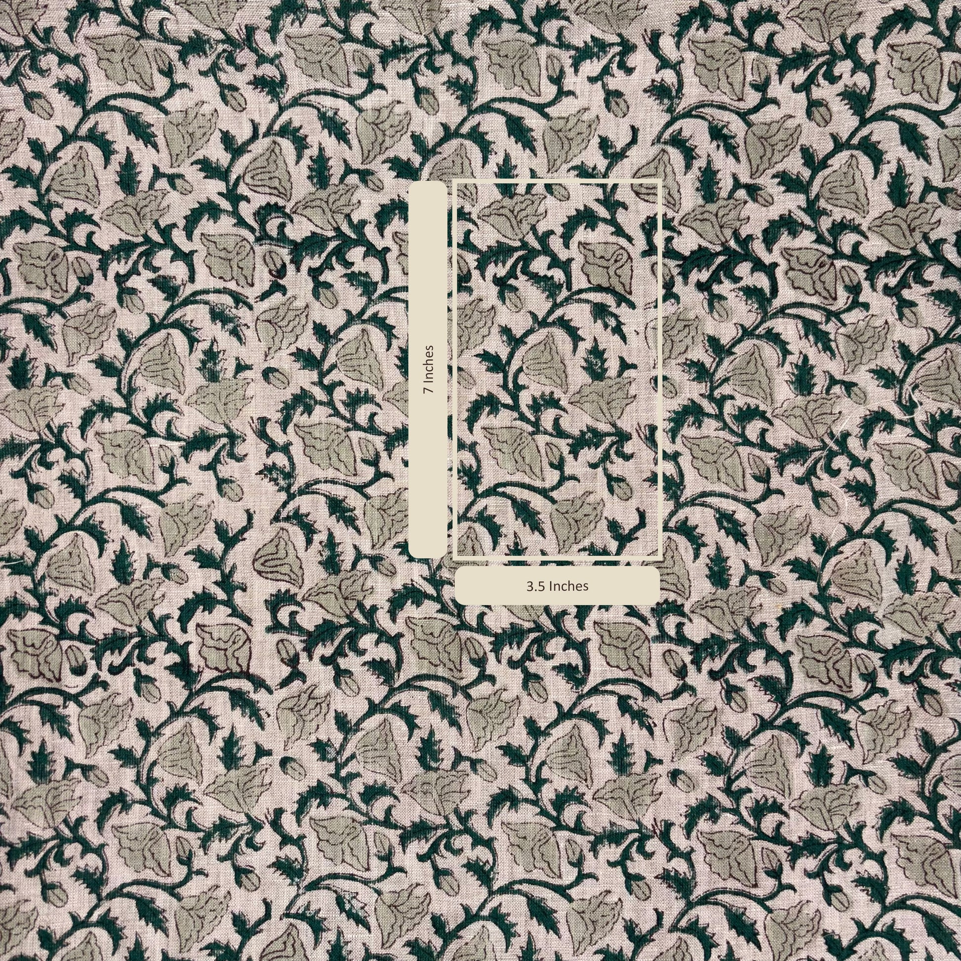 Patterned fabric with a rectangular measurement label in the center.