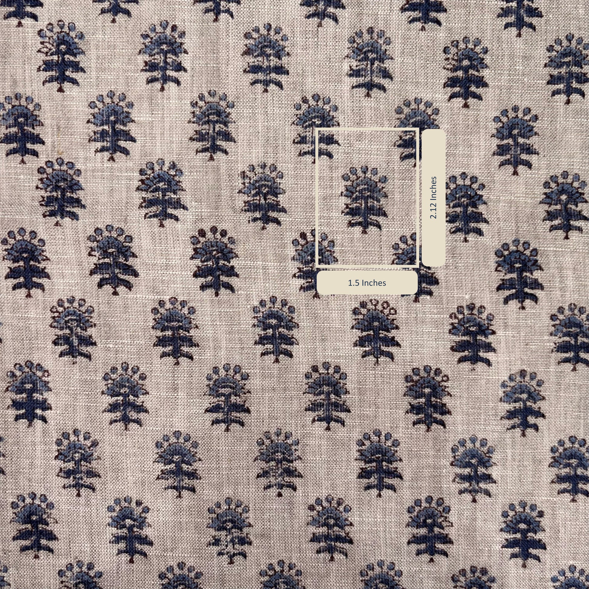 Fabric with blue floral pattern and measurement label
