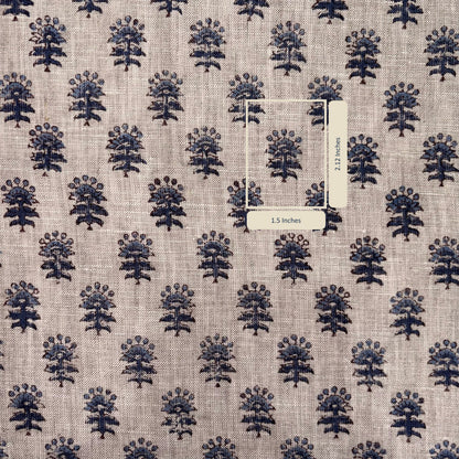 Fabric with blue floral pattern and measurement label