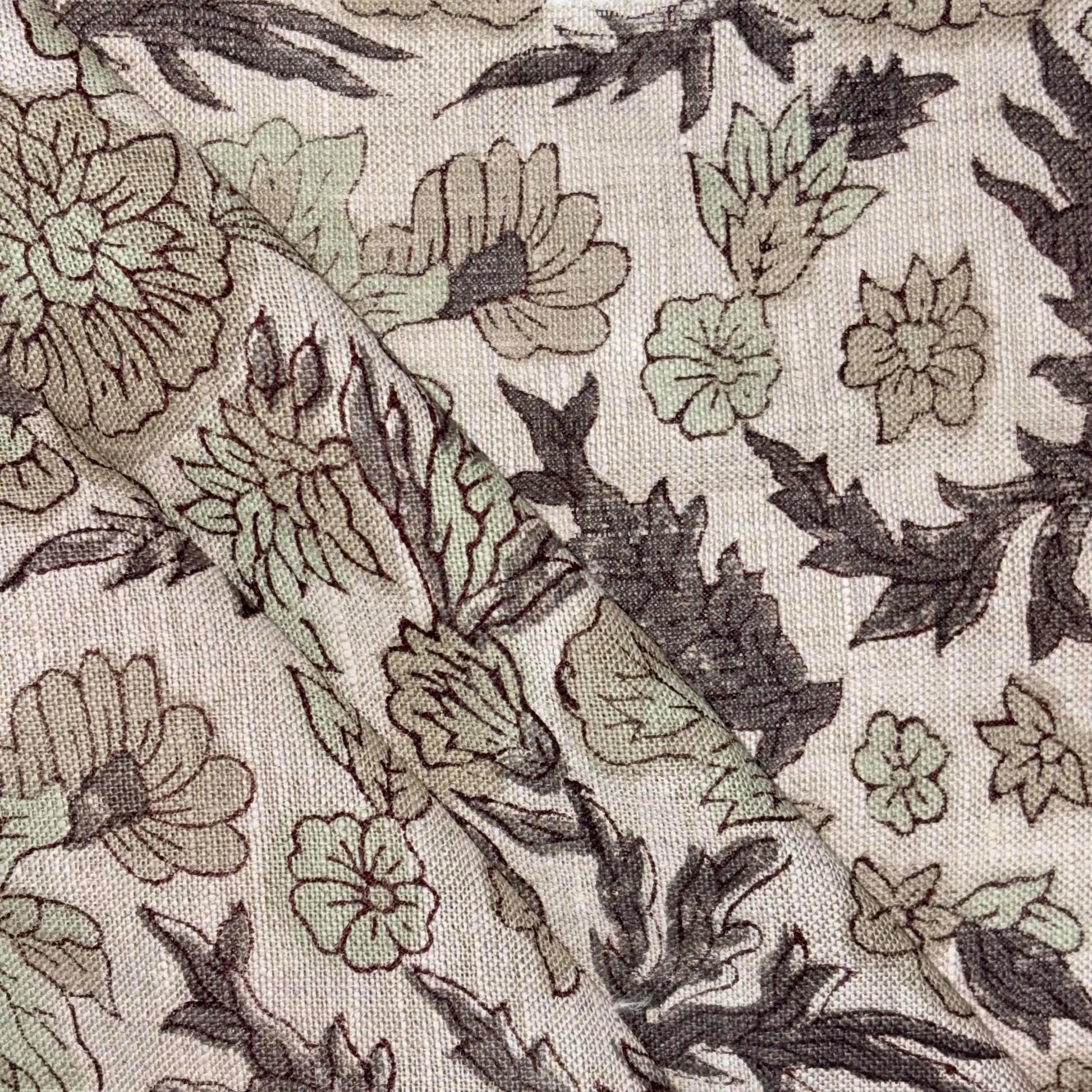 Close-up of floral fabric pattern with green and brown colors on a grey background