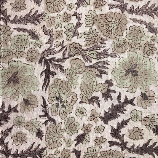 Floral pattern with green and brown colors on a textured grey background
