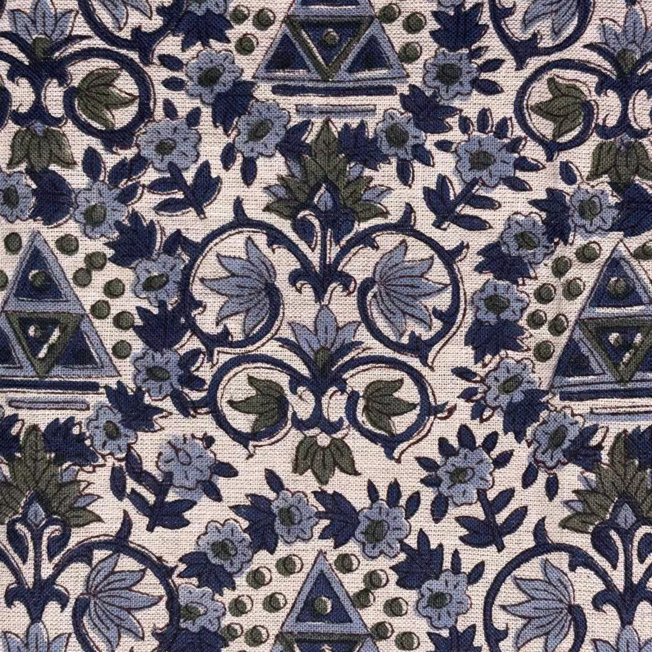 Close-up of a patterned fabric with blue and green designs on a grey background
