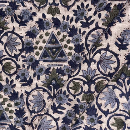Close-up of a fabric with intricate floral and geometric pattern, featuring a prominent triangle design.