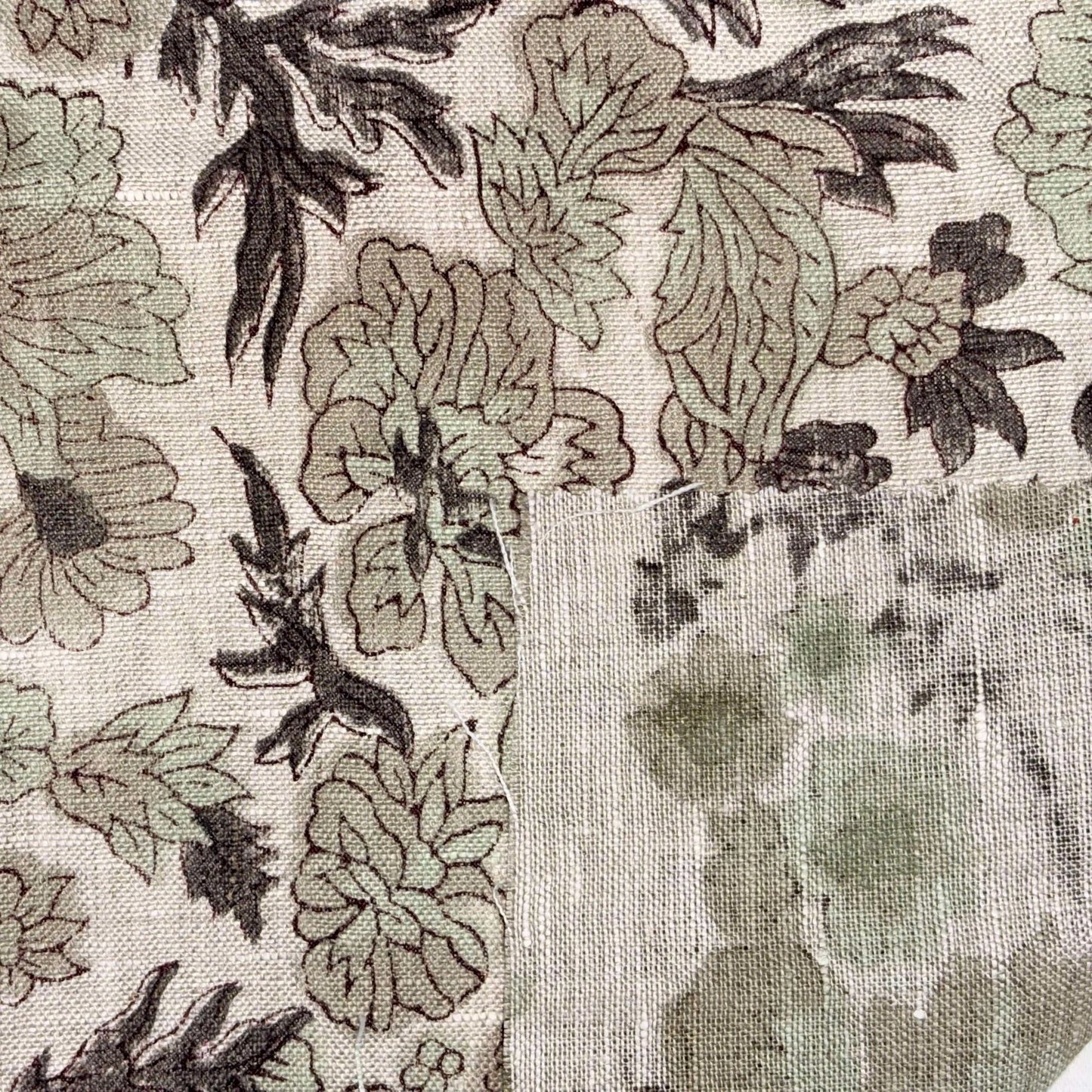 Close-up of floral fabric pattern with green and brown colors.