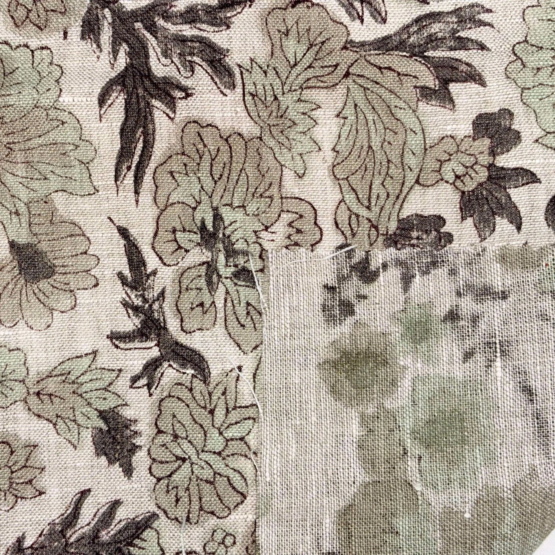 Close-up of floral fabric pattern with green and brown colors.
