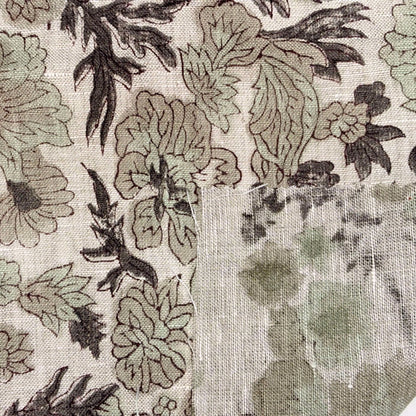 Close-up of floral fabric pattern with green and brown colors.