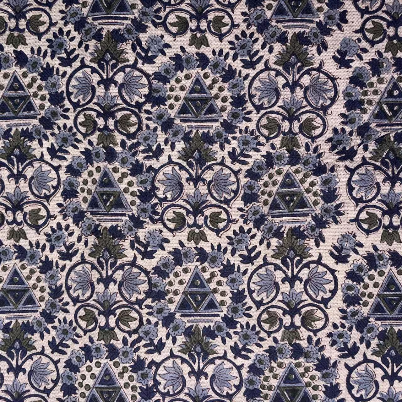 Patterned fabric with blue and green design on a grey background
