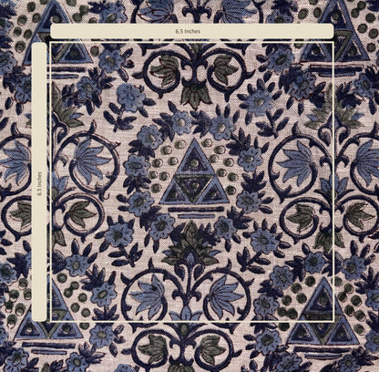 Patterned fabric with blue and green design, featuring triangles and floral elements.