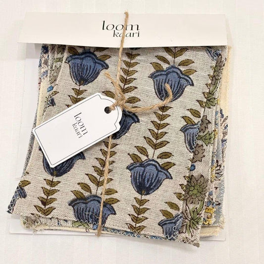 Swatch set of blockprined fabrics of blue patterned