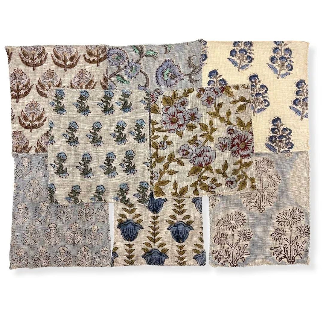 A set of seven square fabric swatches with various botanical and floral patterns in muted earthy tones, displayed in a grid layout on a white background.
