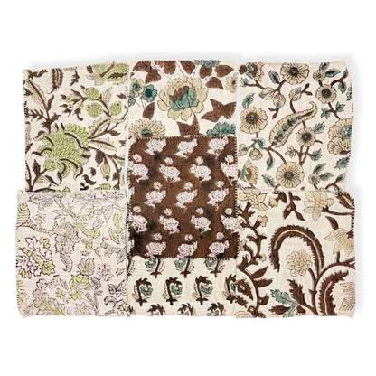 A set of six square fabric swatches with various botanical and floral patterns in brown, green, beige, and blue on an off-white background, arranged in a grid.